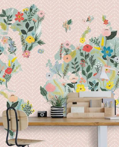 light pink floral world map wallpaper
