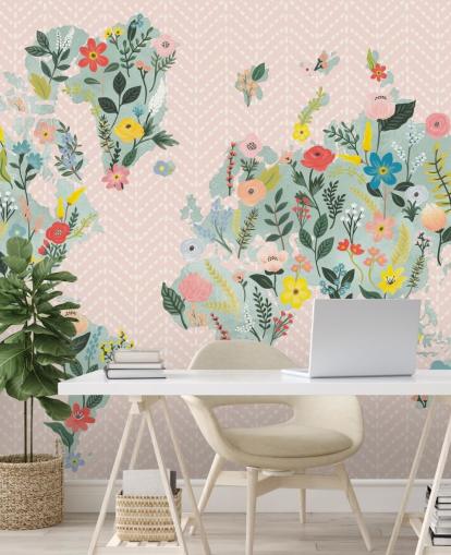 light pink floral world map wallpaper