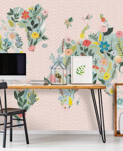 light pink floral world map wallpaper