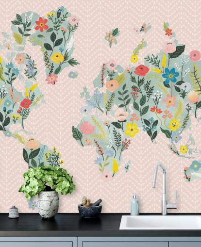 light pink floral world map wallpaper