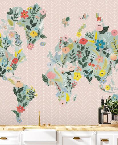 light pink floral world map wallpaper