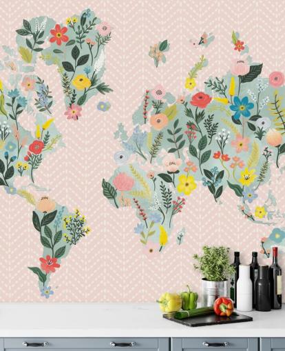 light pink floral world map wallpaper