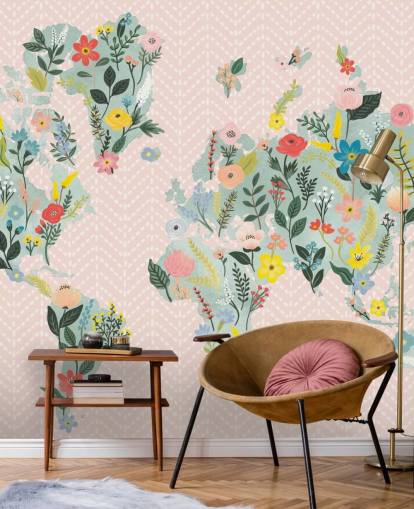 light pink floral world map wallpaper