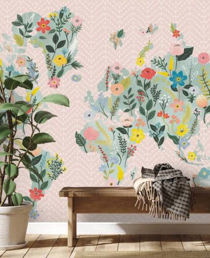 fondo de pantalla de mapa mundial floral rosa claro