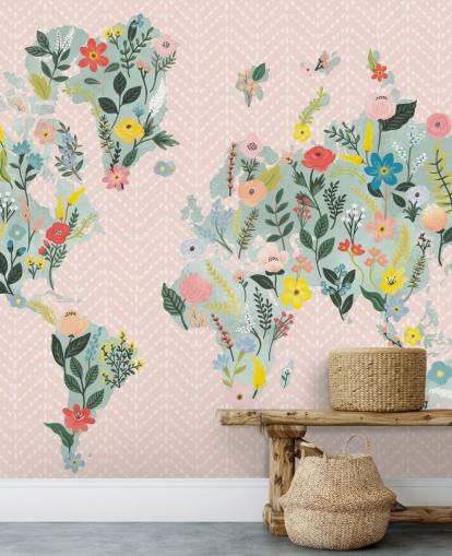 light pink floral world map wallpaper