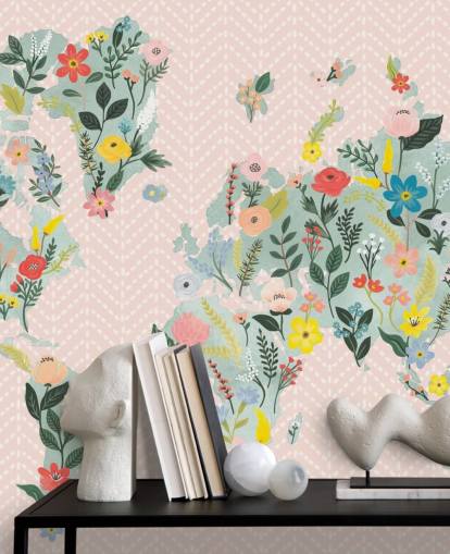 light pink floral world map wallpaper