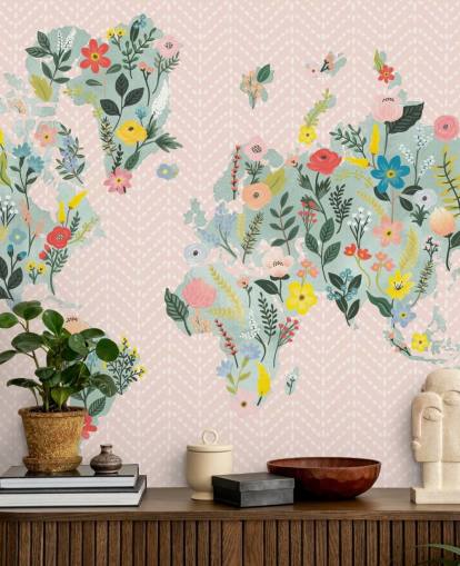 light pink floral world map wallpaper