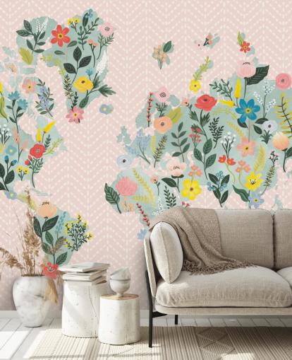 papel de parede floral rosa claro do mapa mundial
