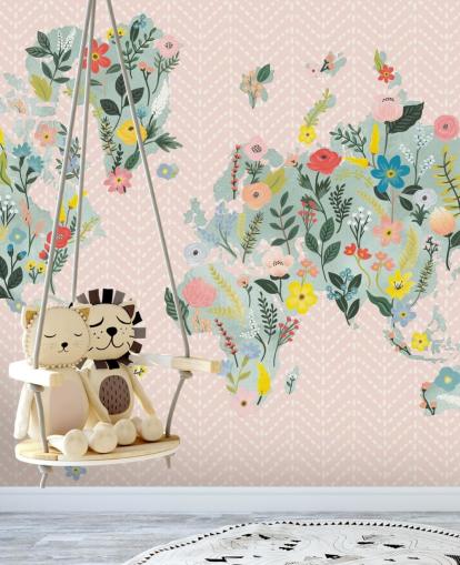 light pink floral world map wallpaper