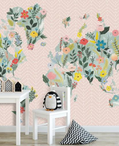 light pink floral world map wallpaper