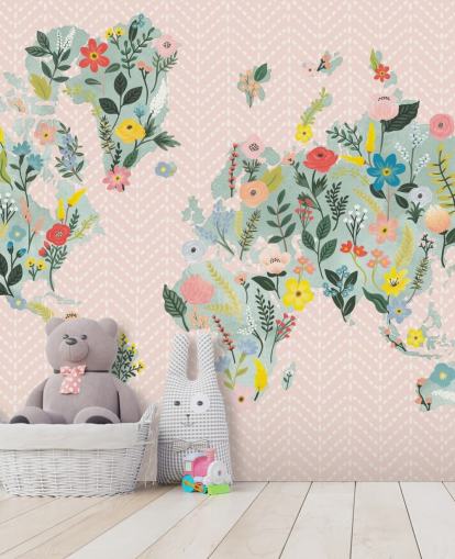 fond d'écran de carte du monde florale rose clair