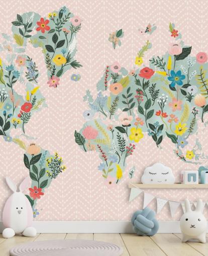 light pink floral world map wallpaper