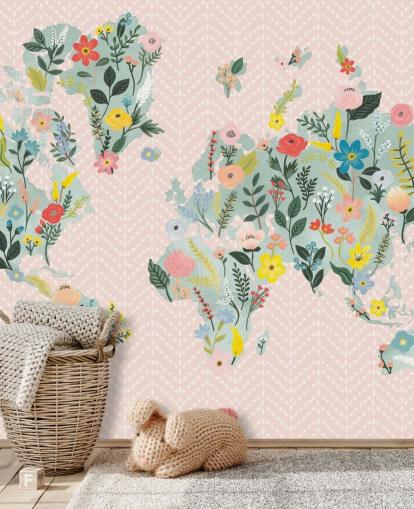 lichtroze bloemenbehang met wereldkaart lichtroze bloemenbehang met wereldkaart