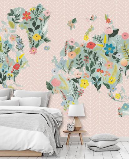 light pink floral world map wallpaper