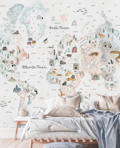 nursery animal world map wallpaper