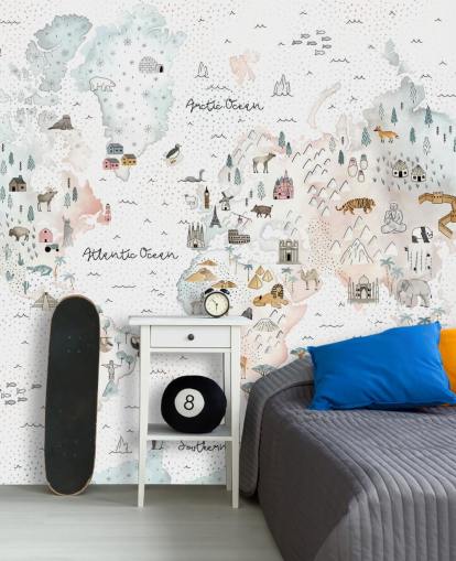 nursery animal world map wallpaper