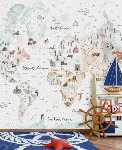 nursery animal world map wallpaper