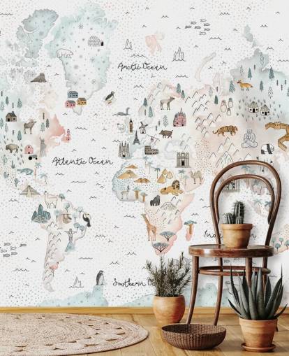 nursery animal world map wallpaper