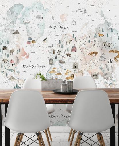 nursery animal world map wallpaper