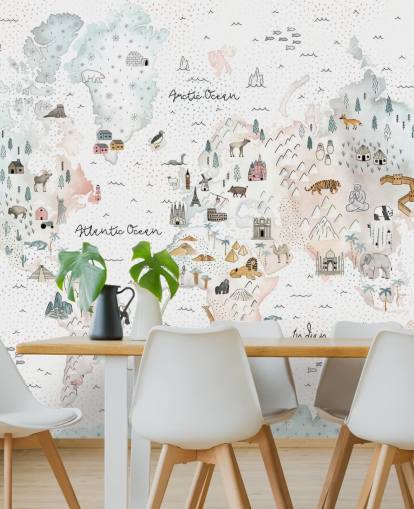 nursery animal world map wallpaper