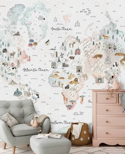 nursery animal world map wallpaper