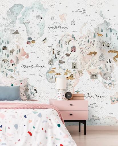 nursery animal world map wallpaper