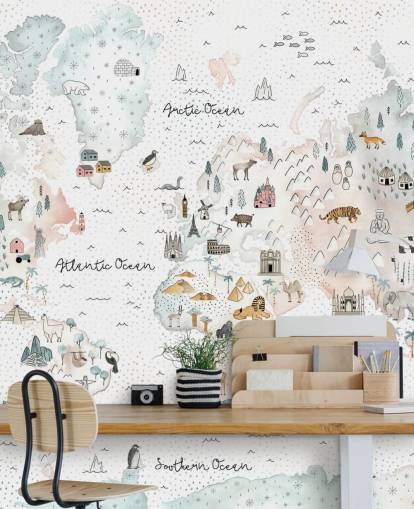 nursery animal world map wallpaper