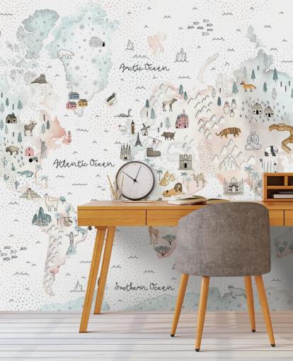 nursery animal world map wallpaper