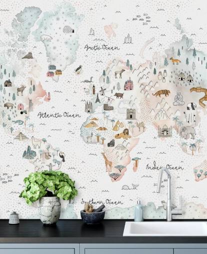 nursery animal world map wallpaper