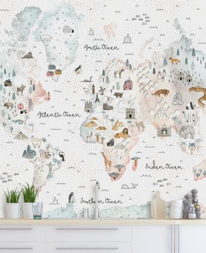 nursery animal world map wallpaper