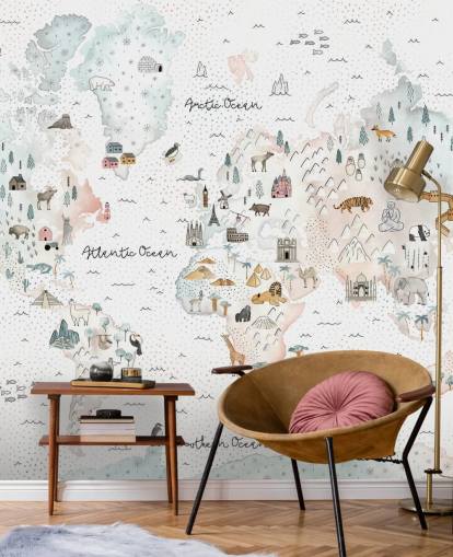 nursery animal world map wallpaper