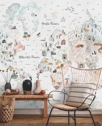 nursery animal world map wallpaper