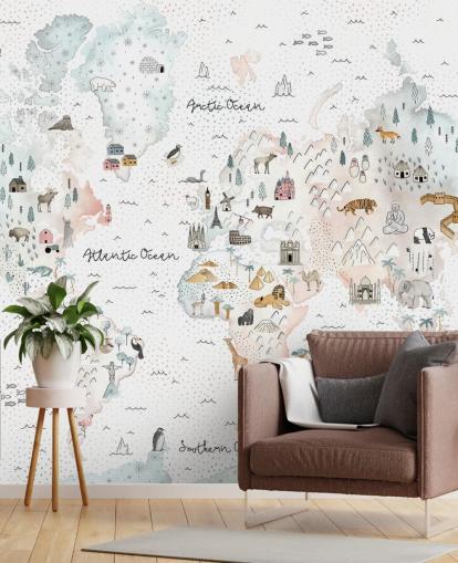 nursery animal world map wallpaper