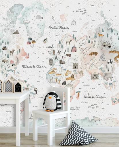 nursery animal world map wallpaper
