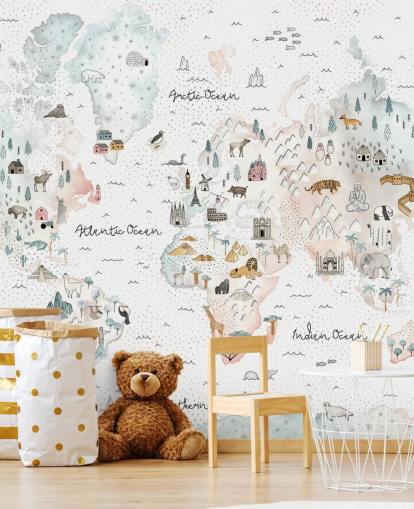 Kinderzimmer Tiere Weltkarte Tapete