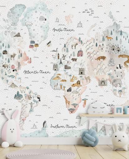 nursery animal world map wallpaper