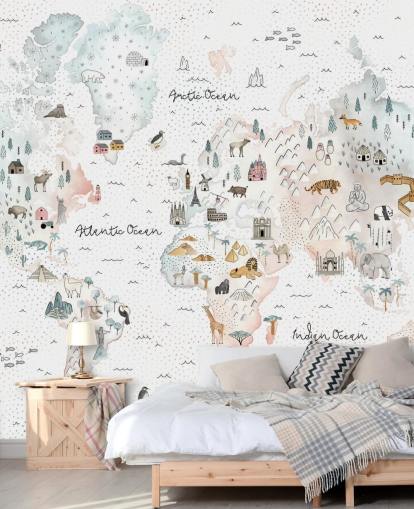 nursery animal world map wallpaper