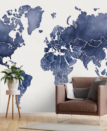 indigo aquarel kaart behang