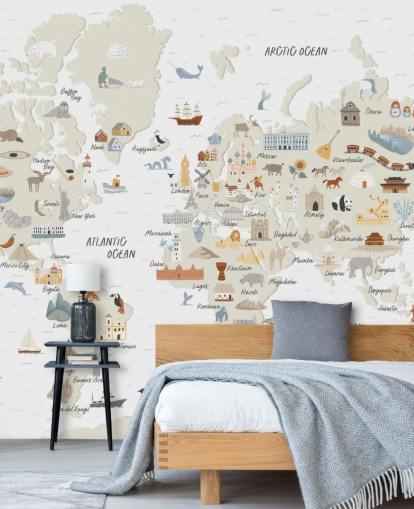 papel de parede do mapa do mundo infantil em tons naturais