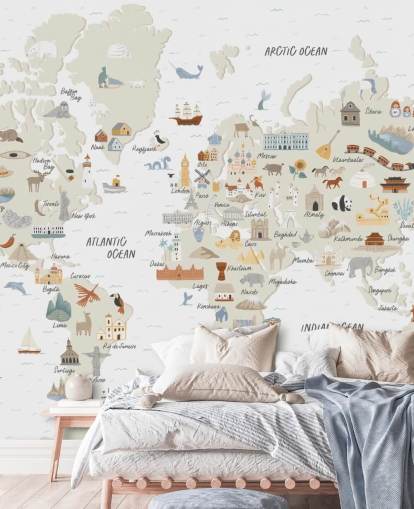 natural toned kids world map wallpaper