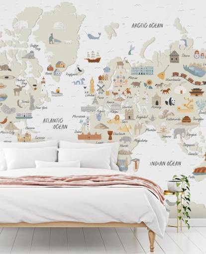 natural toned kids world map wallpaper