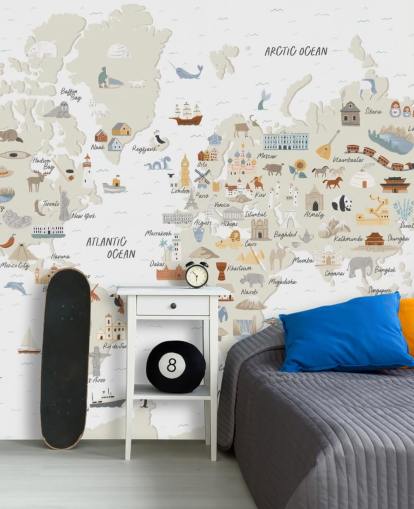papel de parede do mapa do mundo infantil em tons naturais