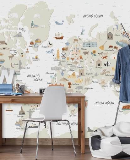 natural toned kids world map wallpaper 