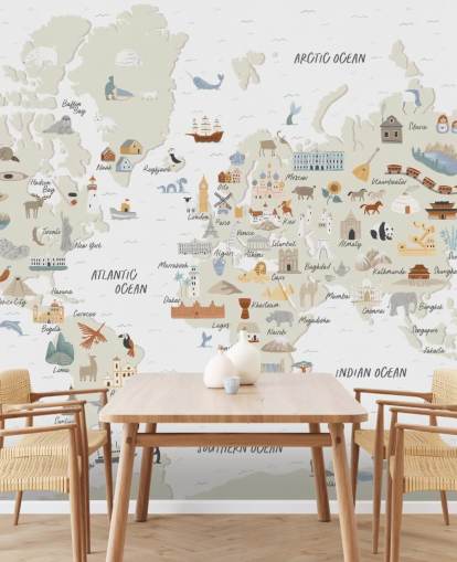 natural toned kids world map wallpaper