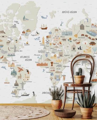 natural toned kids world map wallpaper 