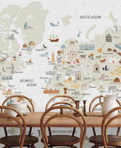 natural toned kids world map wallpaper