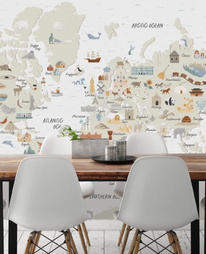 natural toned kids world map wallpaper
