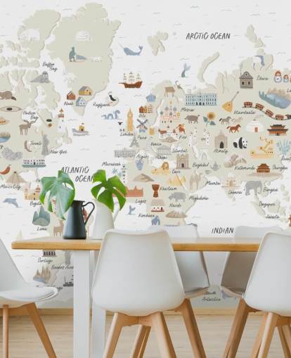 papel de parede do mapa do mundo infantil em tons naturais
