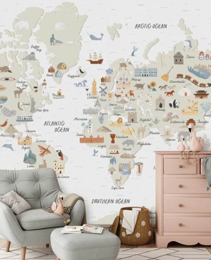 papel tapiz de mapa del mundo infantil en tonos naturales papel tapiz de mapa del mundo infantil en tonos naturales