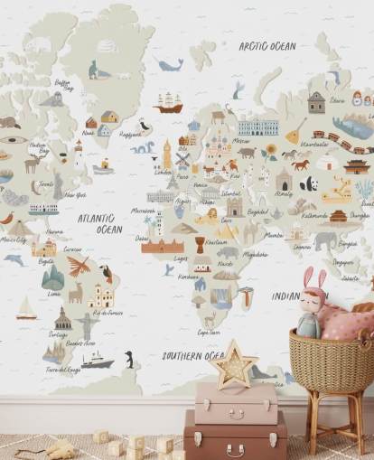 natural toned kids world map wallpaper 